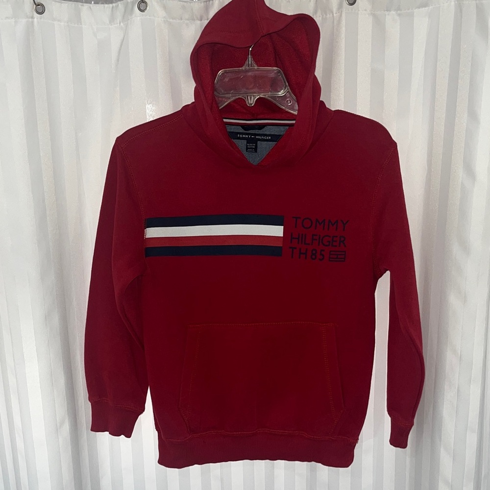 Tommy Hilfiger Kids Red Pullover Hoodie with Tricolor Stripe NWOT